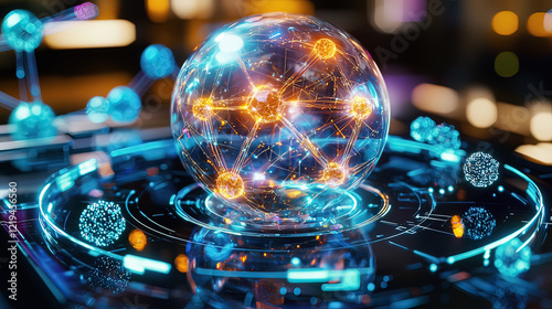 Hyper-realistic holographic display of a rotating molecular structure, glowing neon beams illuminating intricate atoms, futuristic lab