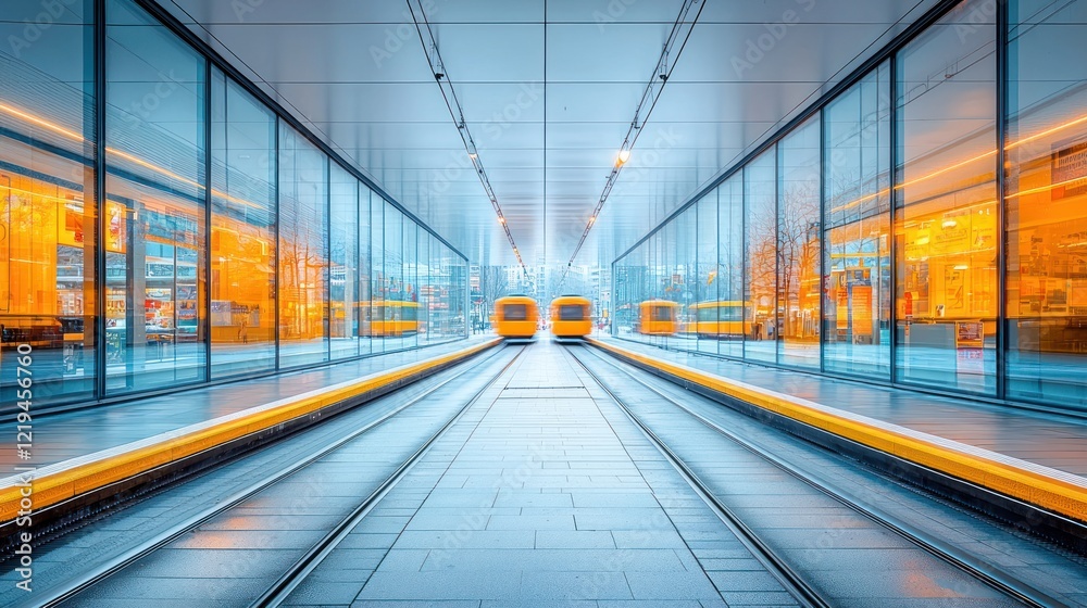 Urban Transit: Symmetrical Perspective of Modern Trams in a Glass-Enclosed Station Urban Transit: Symmetrical Perspective of Modern Trams in a Glass-Enclosed Station