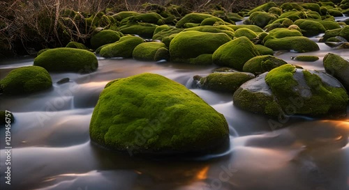 Close-Up of Moss in a Twilight River Scene