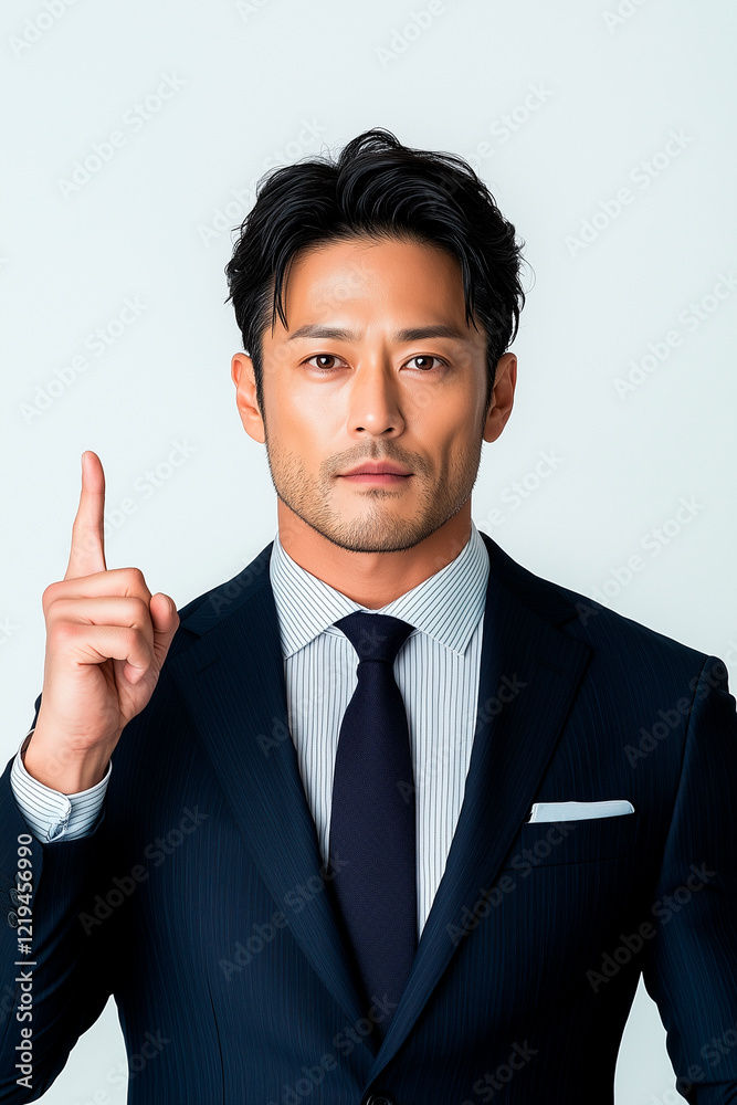 Portrait of Man in Suit Raising One Finger Portrait of Man in Suit Raising One Finger