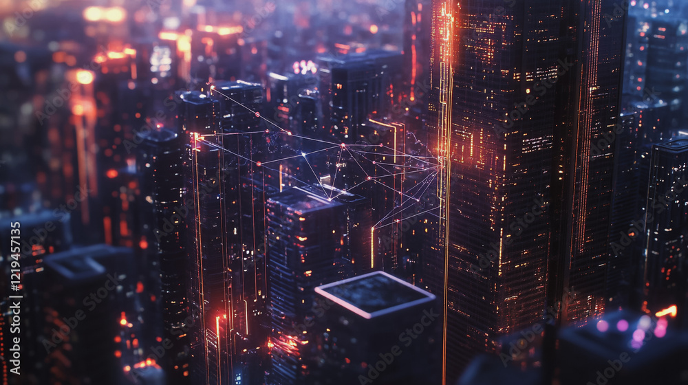 Fototapeta premium Smart digital Innovation city with connection network reciprocity over the twilight cityscape. of future smart wireless digital city and social media networking systems that connects people with city 