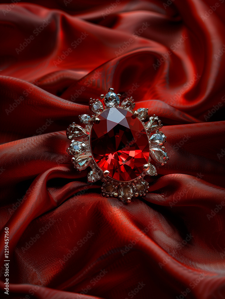 Fototapeta premium Red Gemstone Ring on Red Satin Fabric
