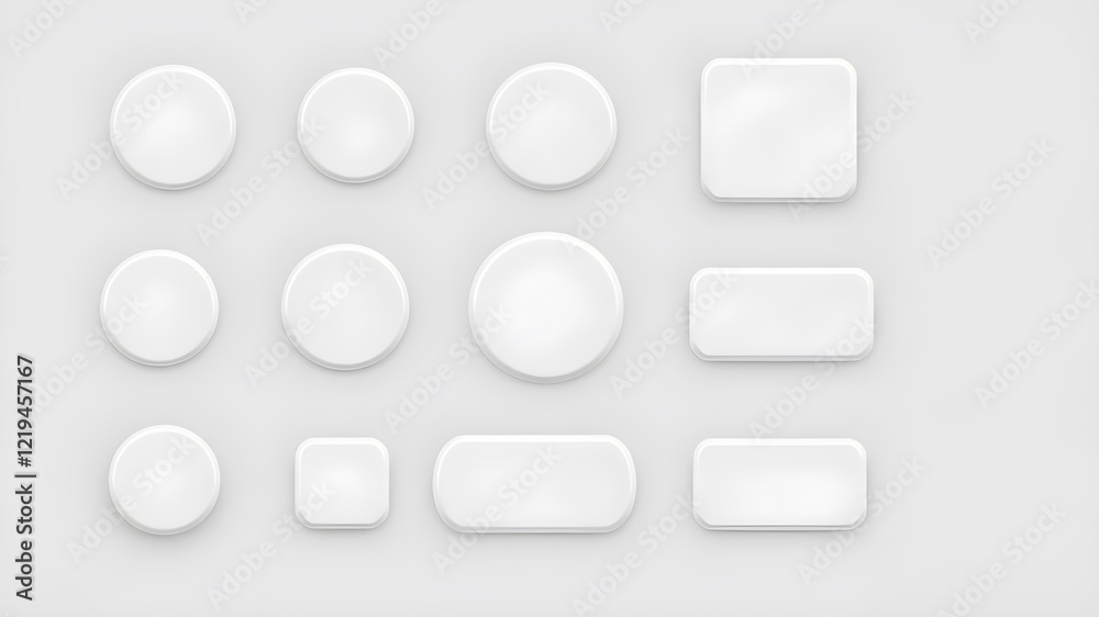 White monochrome 3D button set in different shapes. Blank glossy round, square and rectangle badges. Vector illustration. Generative AI White monochrome 3D button set in different shapes. Blank glossy round, square and rectangle badges. Vector illustration. Generative AI