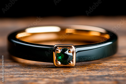 Rose Gold and Dark Green Ceramic Ring with Emerald Gemstone photo