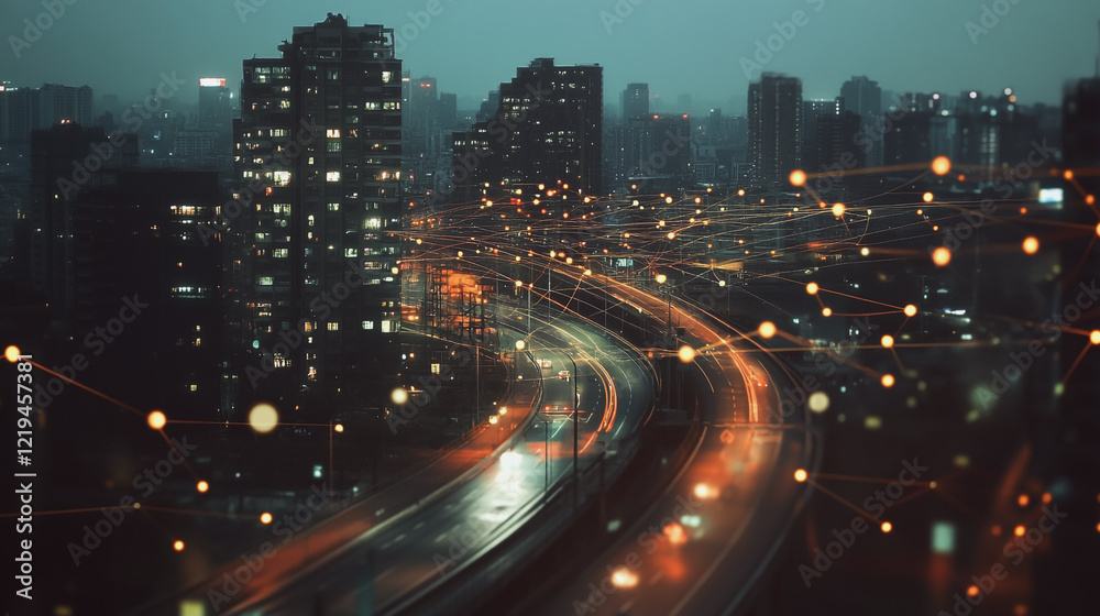Fototapeta premium Smart digital Innovation city with connection network reciprocity over the twilight cityscape. of future smart wireless digital city and social media networking systems that connects people with city 