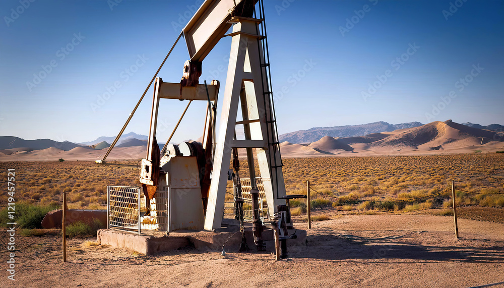 Old Oil Pump Operates in the Vast Desert Under the Bright Sun During the Golden Hour Old Oil Pump Operates in the Vast Desert Under the Bright Sun During the Golden Hour