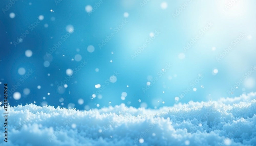 Naklejka premium Blue snowflakes gently settle on a soft gradient of light blue and white, frosty ambiance, gradient blue, icy landscape