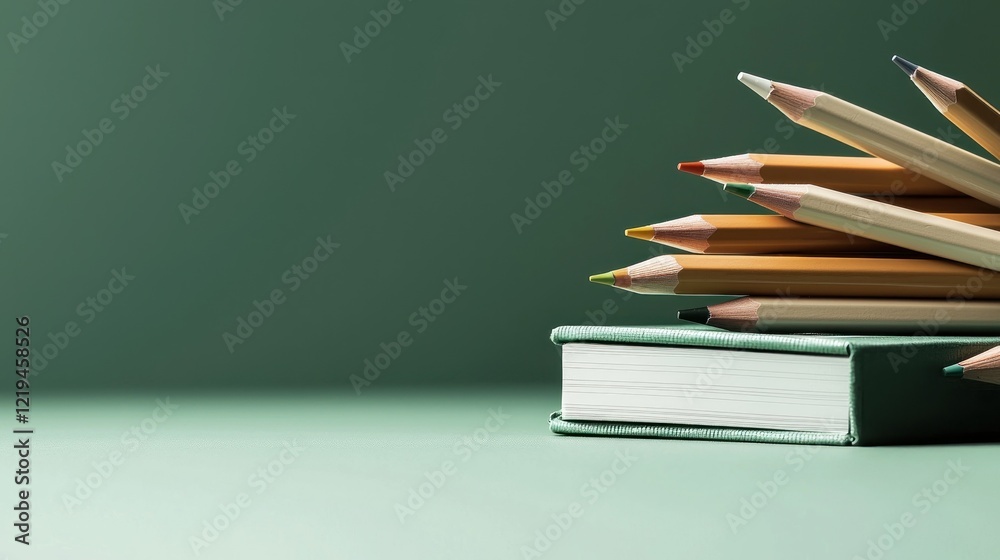 Colored pencils on book, green background, education concept Colored pencils on book, green background, education concept
