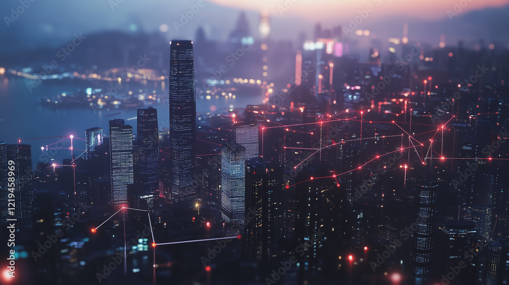 custom made wallpaper toronto digitalSmart digital Innovation city with connection network reciprocity over the twilight cityscape. of future smart wireless digital city and social media networking systems that connects people with city
