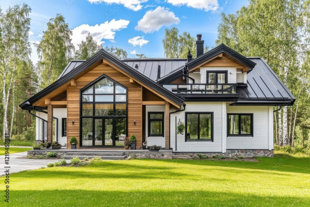 Fototapeta premium This contemporary house features expansive windows that invite abundant natural light, beautifully complemented by stunning landscaping, all set against a tranquil natural backdrop.