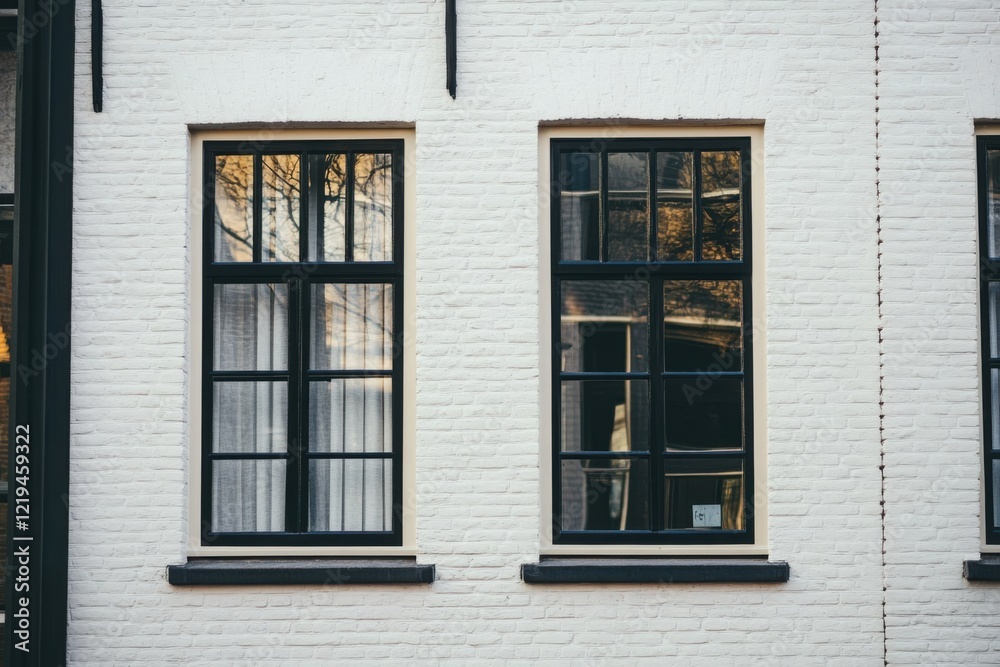 Elegant architecture in an urban setting showcasing two traditional windows reflecting a vibrant exterior during daylight hours Elegant architecture in an urban setting showcasing two traditional windows reflecting a vibrant exterior during daylight hours