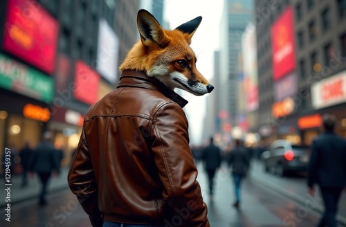 An anthropomorphic red fox in a brown leather jacket walks through the metropolis.