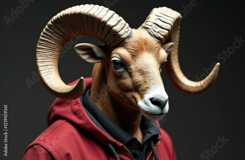 A ram with curved horns in a red hooded jacket stands against a dark background.