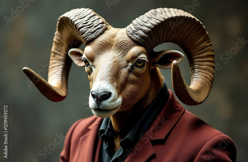 A ram with big horns and wearing a red jacket stands on a dark background, close-up.