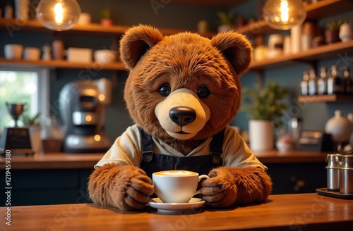 A funny bear stands behind the bar and holds a cappuccino in a cup in his paws.