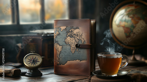 Stylish desk with travel journal, globe, compass, and herbal tea in warm lighting.
