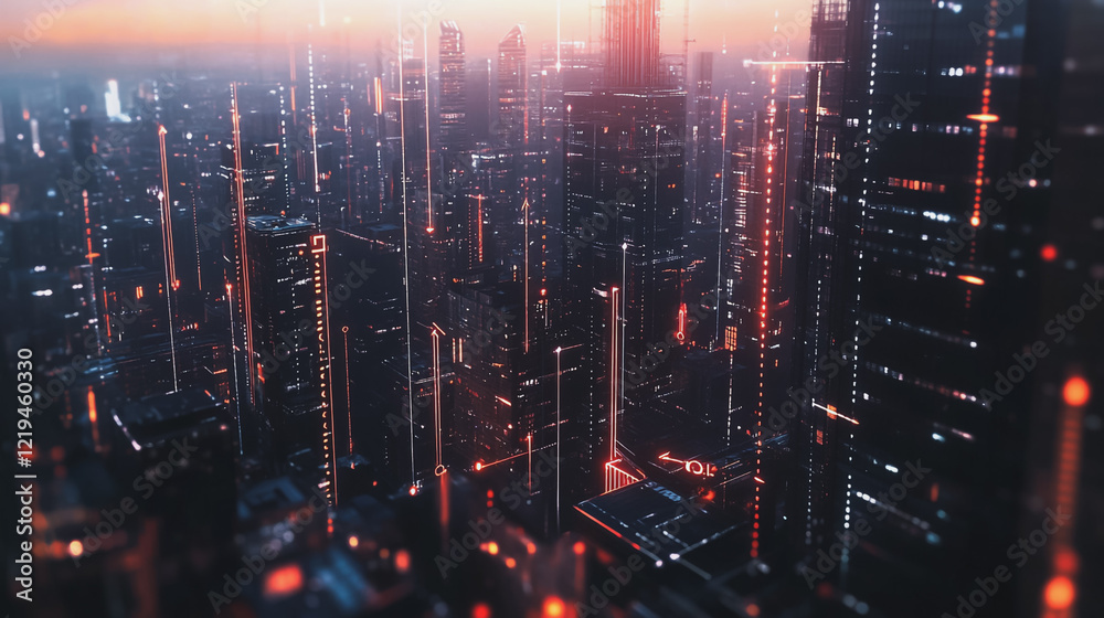 Fototapeta premium Smart digital Innovation city with connection network reciprocity over the twilight cityscape. of future smart wireless digital city and social media networking systems that connects people with city 