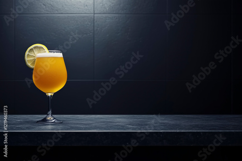 A modern shandy displayed on a sleek, minimalistic black countertop with artistic lighting.