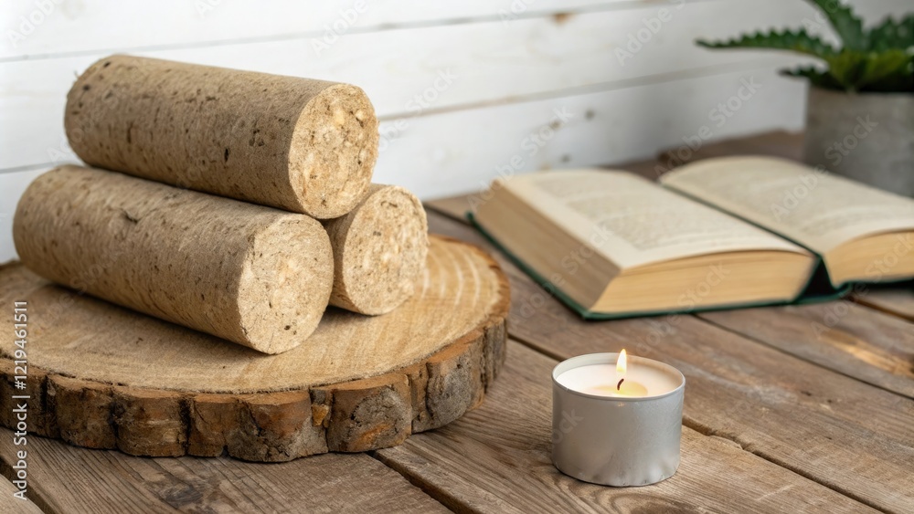 Naklejka premium Fuel wood briquettes on a wooden planks background with a small candle and a book, wood briquette, rustic decor