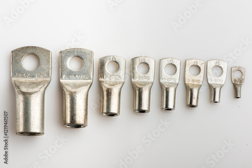 Crimp terminals for electrical wires, tools for electricians. electrical terminals, electrical installation work on white. Connectors for wires.