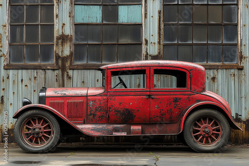 Red Vintage Car Parked Against Rusty Building