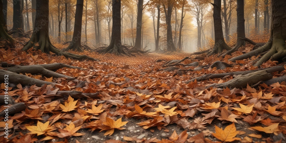 Obraz premium Forest floor covered with a thick layer of fallen brown leaves, deciduous trees, woodland environment