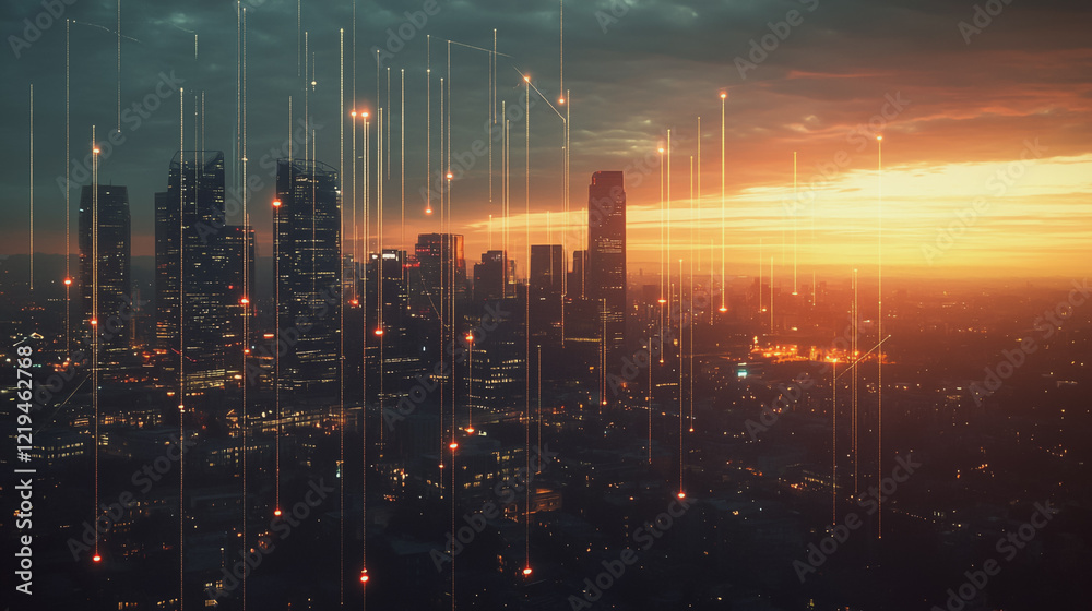 Fototapeta premium Smart digital Innovation city with connection network reciprocity over the twilight cityscape. of future smart wireless digital city and social media networking systems that connects people with city 