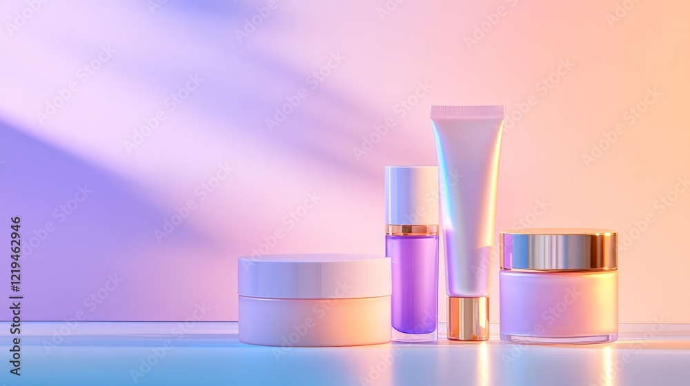 Elegant arrangement of skincare products on a reflective surface with soft pastel lighting Elegant arrangement of skincare products on a reflective surface with soft pastel lighting