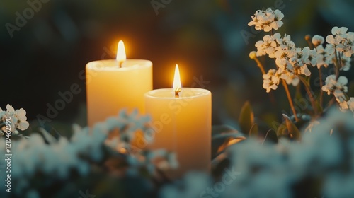 Illuminated candles amidst spring blossoms, peaceful remembrance