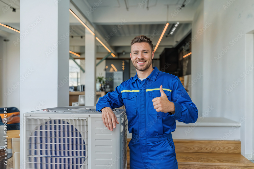 The image portrays a man wearing a blue uniform, leaning on an air conditioning unit