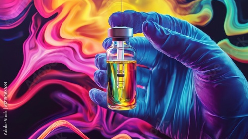 Tableau sur toile Hand of male doctor wearing medial glove holding covid 19 corona virus vaccine vial bottle for injection on medical pharmaceutical background