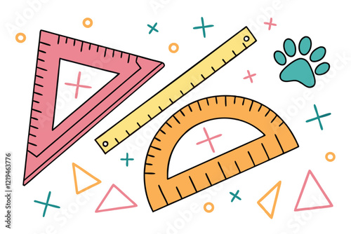 Geometric measuring tools, colorful school supplies, flat design, vector illustration, pink triangle ruler, teal protractor, yellow ruler, orange paw print ruler, minimalist, educational icons, math i