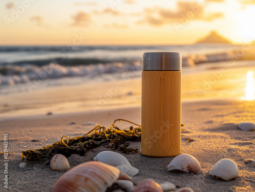 A bamboo water bottle captured on a picturesque beach at sunset with shells and waves.