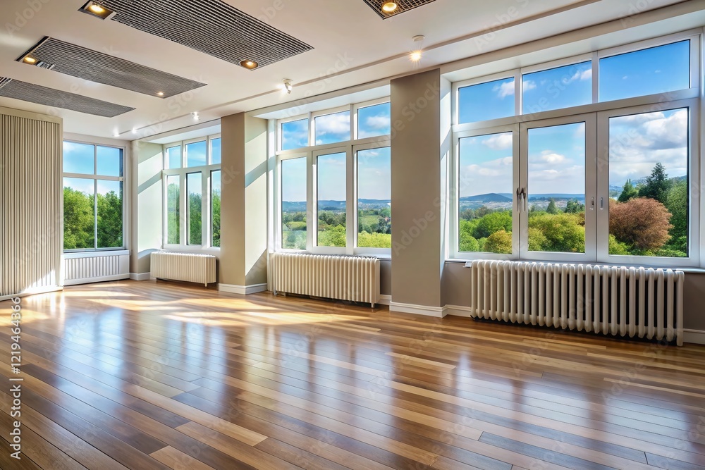 Fototapeta premium Spacious Empty Room with Large Windows & Floor Radiators - Modern Interior Design Stock Photo