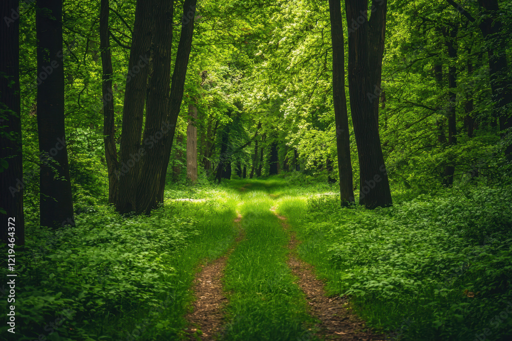 Fototapeta premium A tranquil woodland path leading through a green forest under soft light.