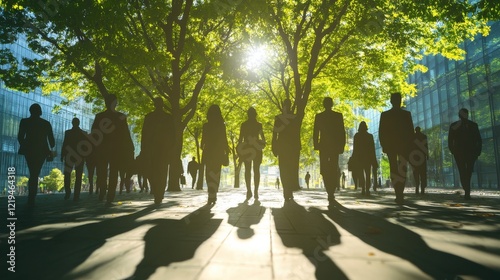 Quadro em tela Silhouettes of business professionals blend with tree shadows, symbolizing eco-friendly practices and sustainability in the workplace