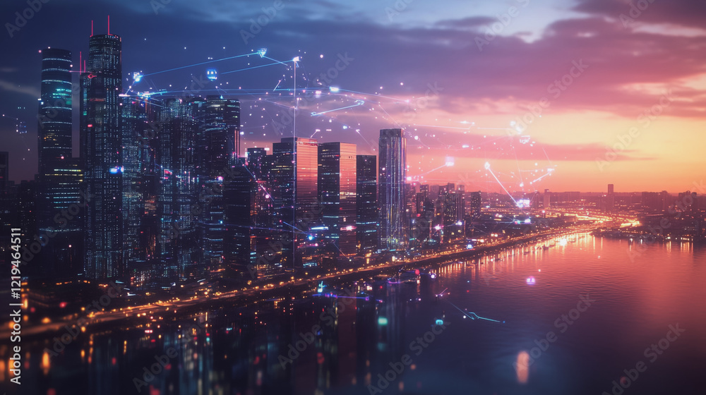 Fototapeta premium Smart digital Innovation city with connection network reciprocity over the twilight cityscape. of future smart wireless digital city and social media networking systems that connects people with city