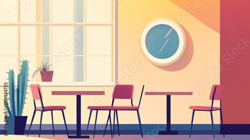 Cafe interior, sunny morning, empty tables, illustration photo