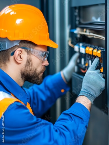 Electrician in safety gear working on a control panel in a modern industrial setting. Background shows machinery photo