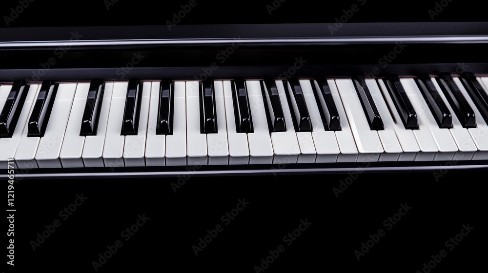 Close-up view of a piano keyboard with black and white keys, set against a dark background Close-up view of a piano keyboard with black and white keys, set against a dark background