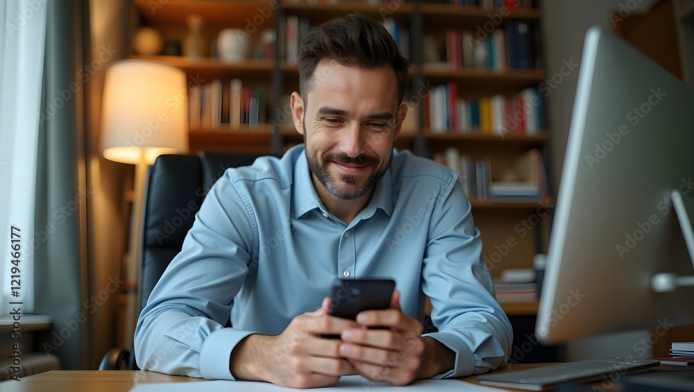 Happy smiling businessman using cell phone in office, professional executive holding mobile Happy smiling businessman using cell phone in office, professional executive holding mobile
