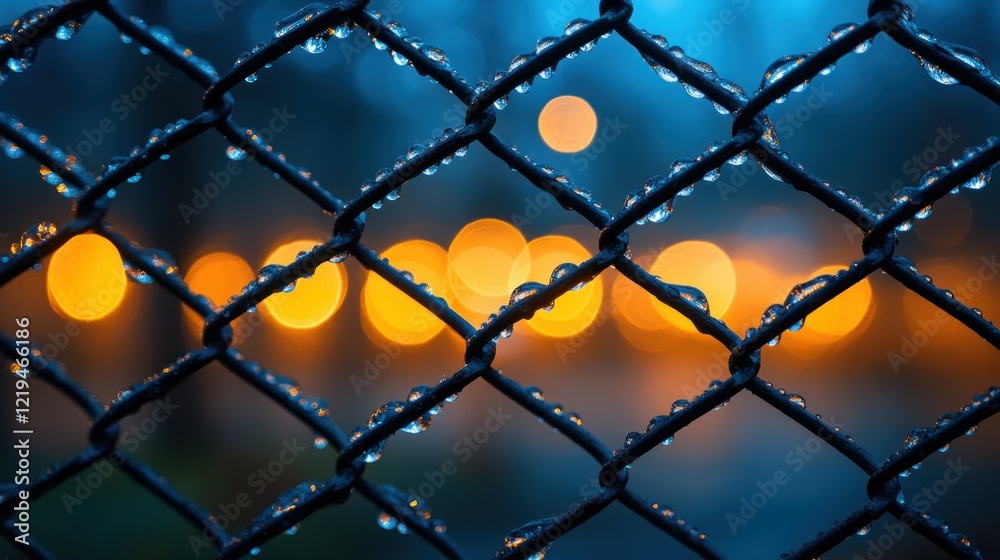 Fototapeta premium Rainy night, chain link fence, bokeh lights, urban scene, wallpaper