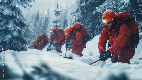 Fotografie Mountain rescue service on operation outdoors in winter in forest, digging snow with shovels