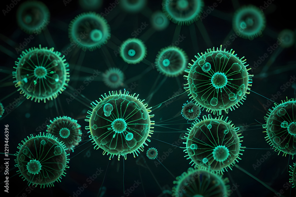 Modern graphics of viruses, bacteria, germs, background with gears and cogs Modern graphics of viruses, bacteria, germs, background with gears and cogs