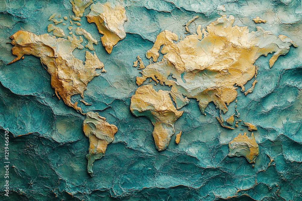 Golden World Map Textured Art Teal Background Golden World Map Textured Art Teal Background