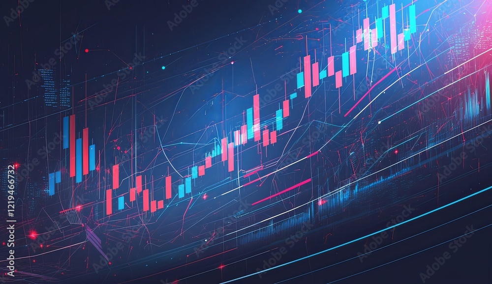 Modern Stock Market Candlestick Chart with Dark Blue and Red Colors, Financial Data and Trend Analysis Background. Modern Stock Market Candlestick Chart with Dark Blue and Red Colors, Financial Data and Trend Analysis Background.