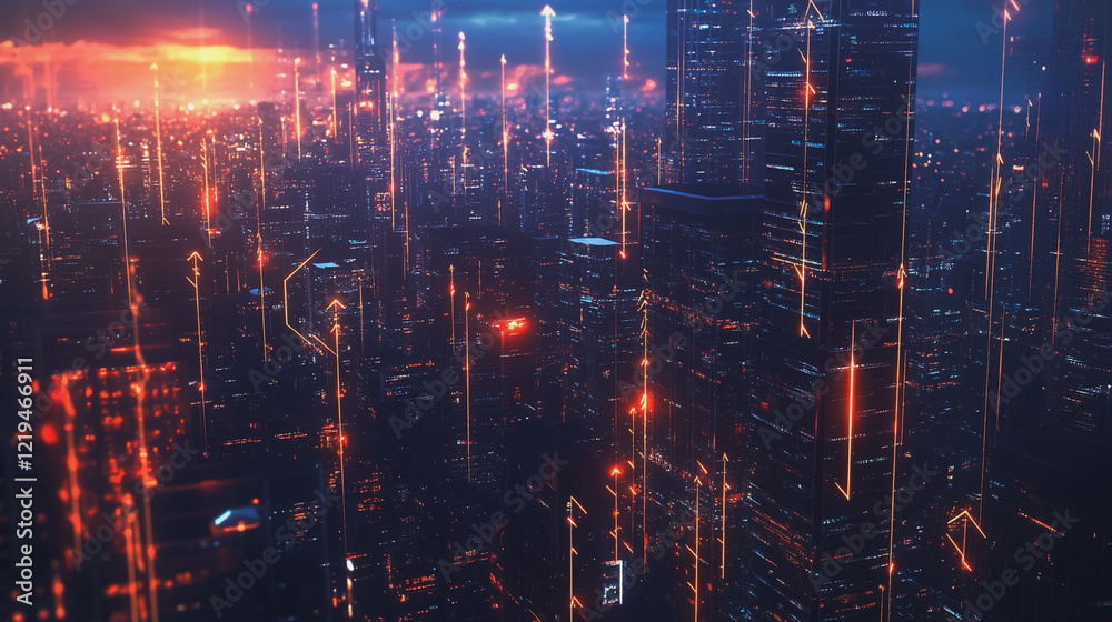 Obraz premium Smart digital Innovation city with connection network reciprocity over the twilight cityscape. of future smart wireless digital city and social media networking systems that connects people with city 