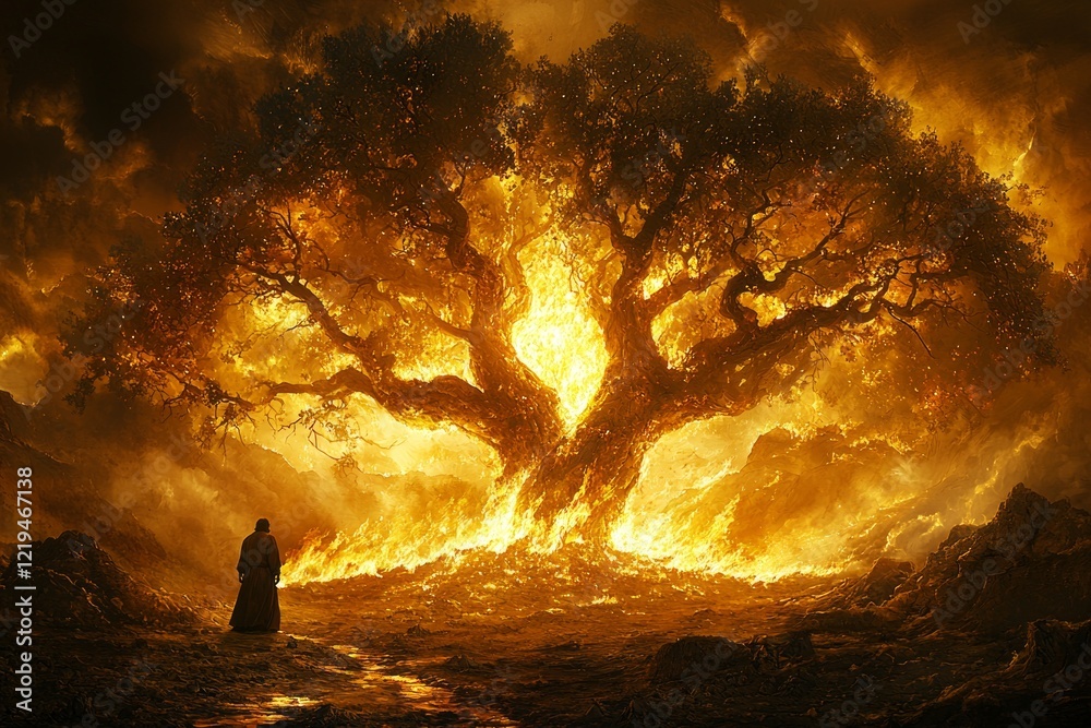 Moses kneels in awe before magnificent burning bush on Mount Horeb. flames glow brightly consuming branches casting ethereal light amid rugged terrain. Moses kneels in awe before magnificent burning bush on Mount Horeb. flames glow brightly consuming branches casting ethereal light amid rugged terrain.