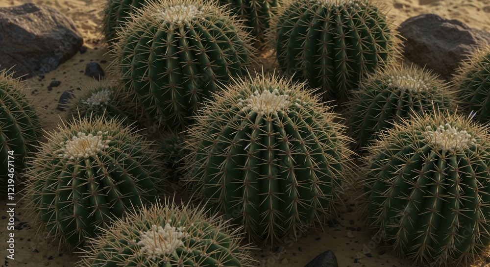 Dense cluster of golden barrel cacti in a desert landscape Dense cluster of golden barrel cacti in a desert landscape