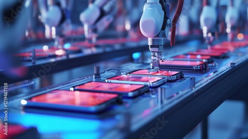 Robotic arms assembling smartphones on a production line in a technology factory during daylight hours